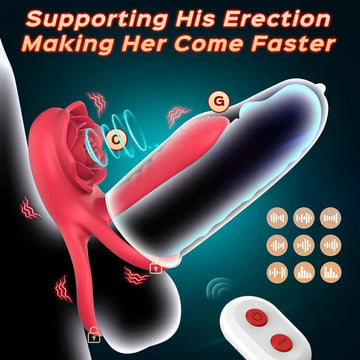 3 - in - 1 Rose Vibrating Penis Sleeve Double Cock Ring & Clitoral Stimulator Pleasure Enhancer for Couples