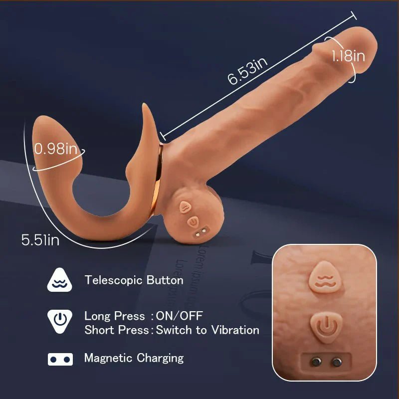 Greedy - 9 Telescopic Vibrating Strap - On with Adjustable Clitoral Stimulation and Lifelike Double - Ended Dildo